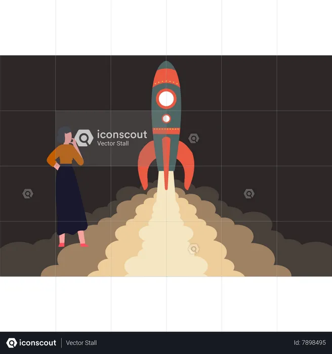 Woman watching launch of spaceship  Illustration