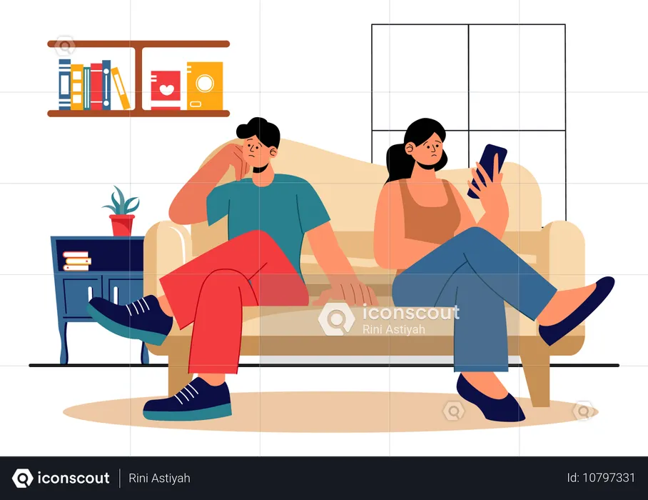 Woman watching mobile while sad man thinking about separately  Illustration