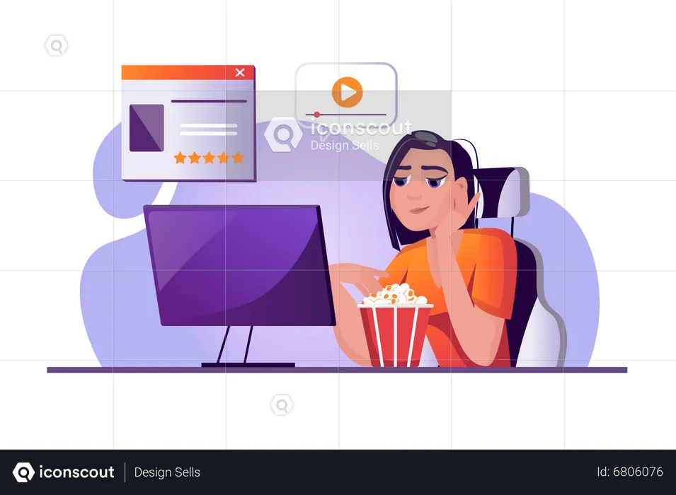 Woman watching movie on computer  Illustration