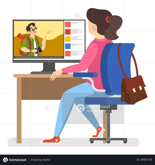 Woman watching online travel vlog  Illustration