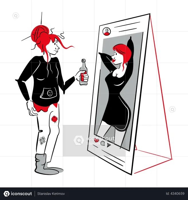Woman watching reflection on social media  Illustration