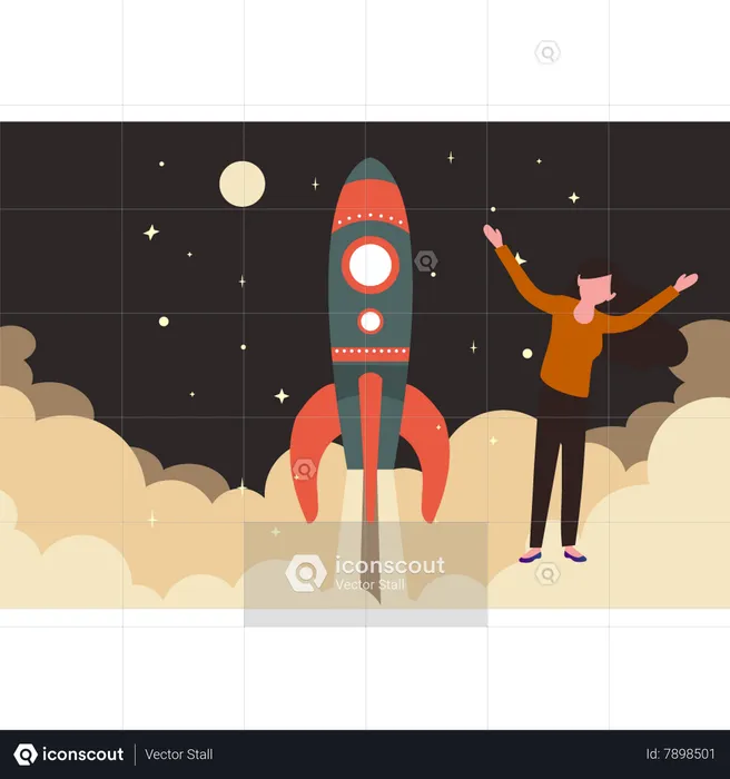 Woman watching rocket launch  Illustration