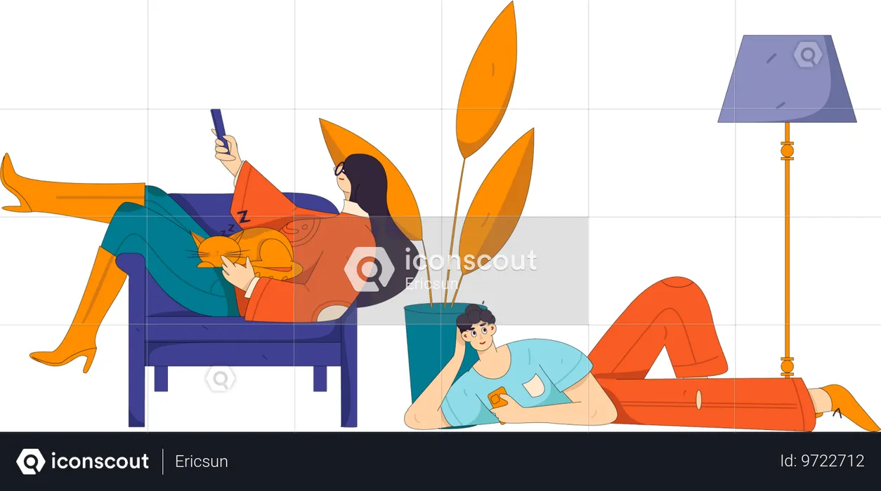 Woman watching tv while man looking at mobile  Illustration