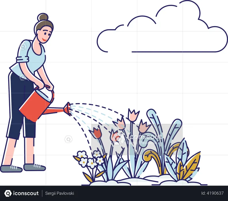 Woman Watering Beautiful Flowers With Watering Can  Illustration