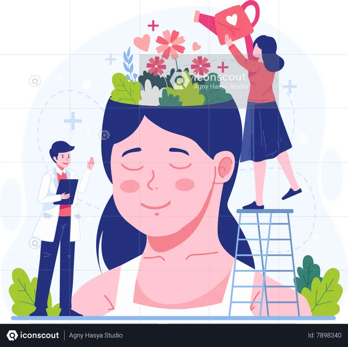 Woman Watering Blooming Flowers Growing in a Huge Female Head  Illustration