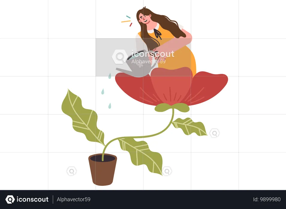 Woman watering giant potted home flower for self development and mental wellbeing concept  Illustration