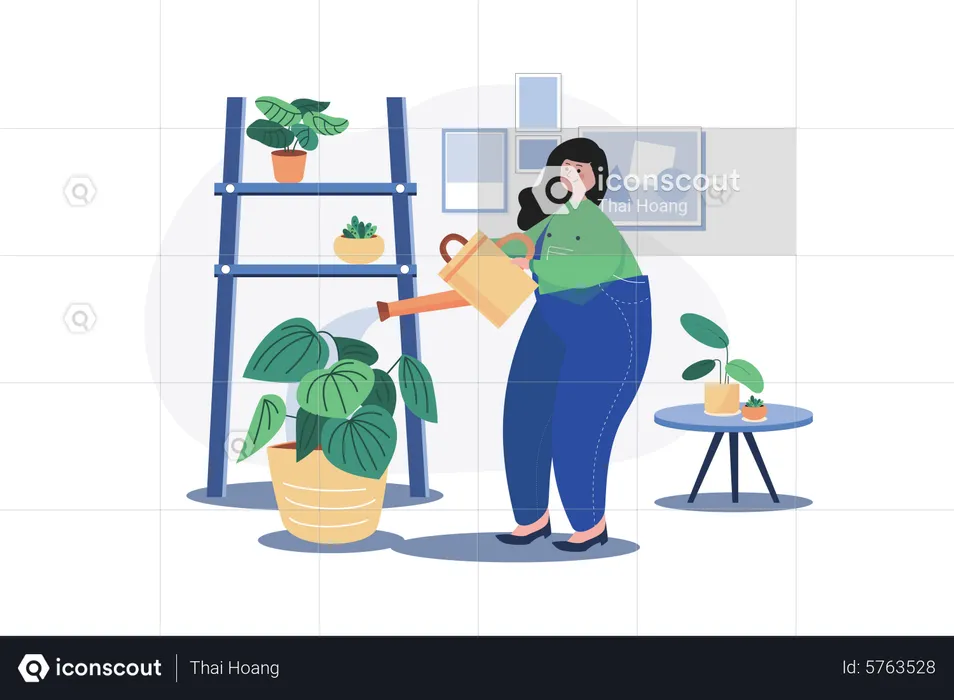Woman watering houseplant  Illustration