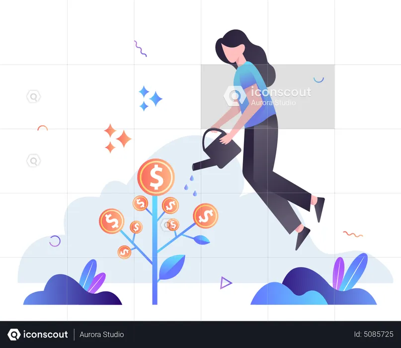 Woman watering money plant  Illustration