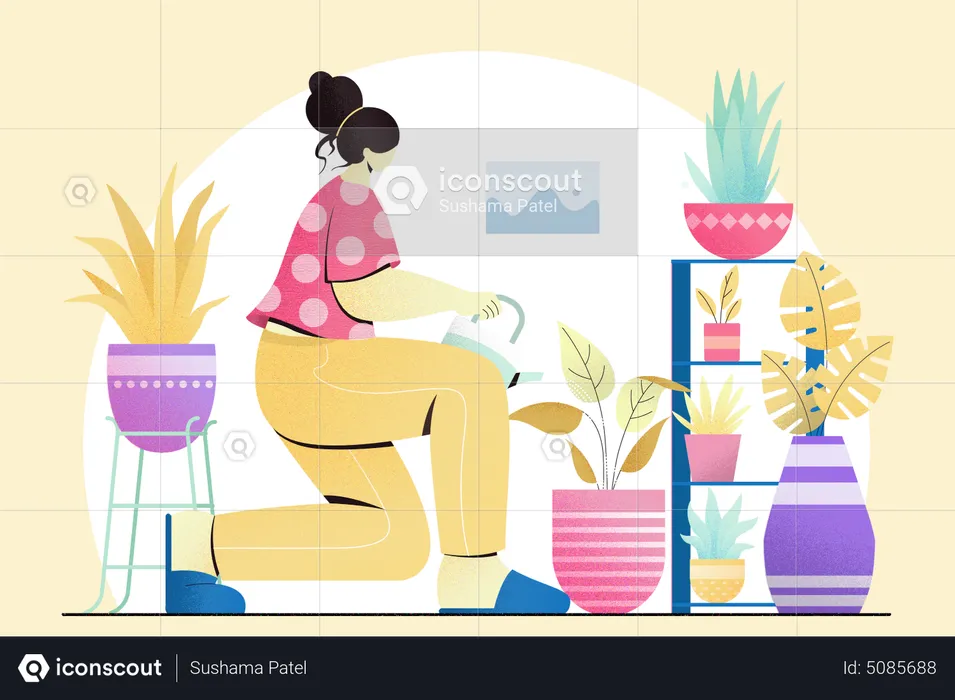 Woman watering plant at home  Illustration