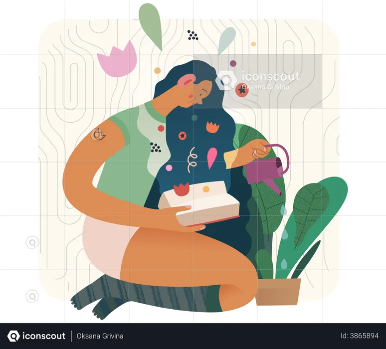 Woman watering plant while reading book  Illustration