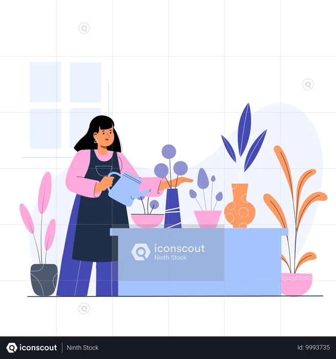 Woman watering plants  Illustration