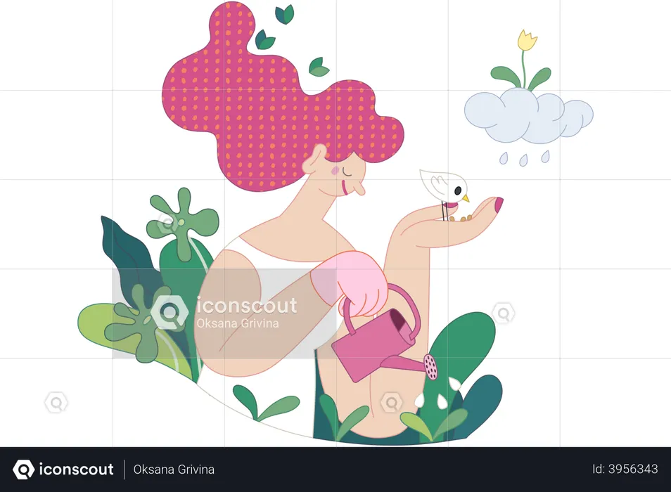 Woman watering plants  Illustration