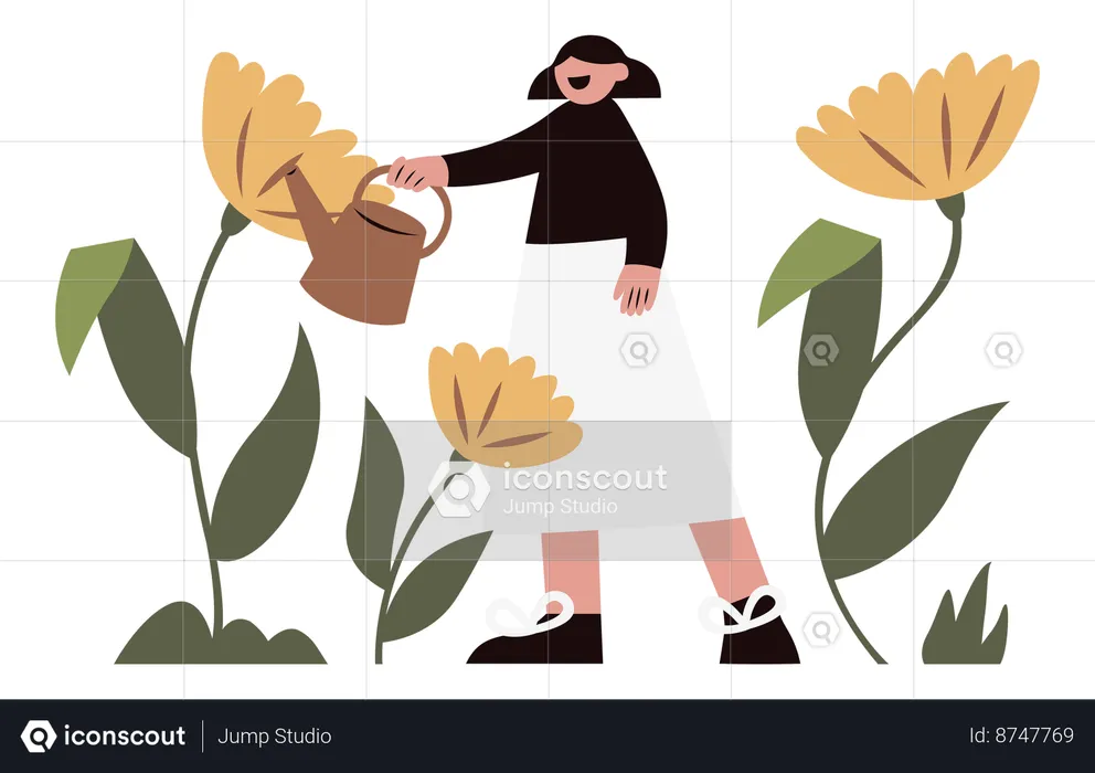 Woman watering plants in garden  Illustration
