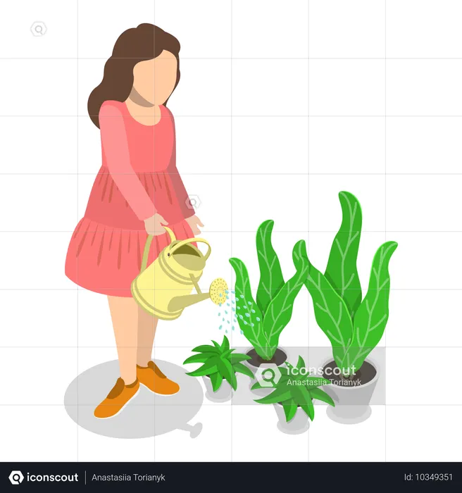 Woman watering plants in garden  Illustration