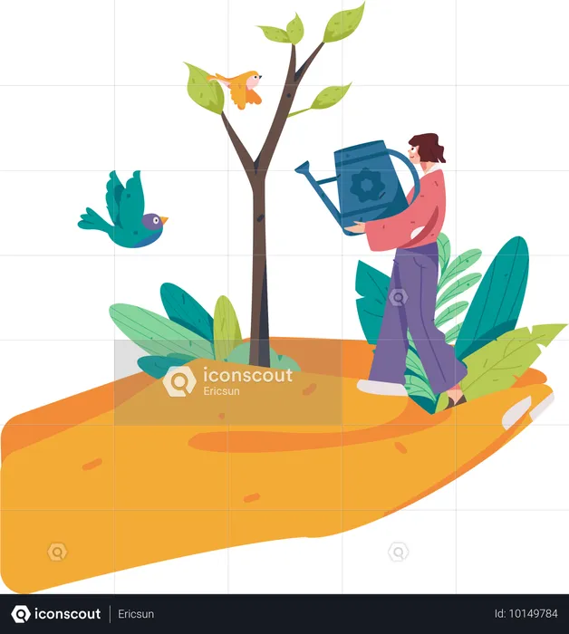 Woman watering plants in garden  Illustration