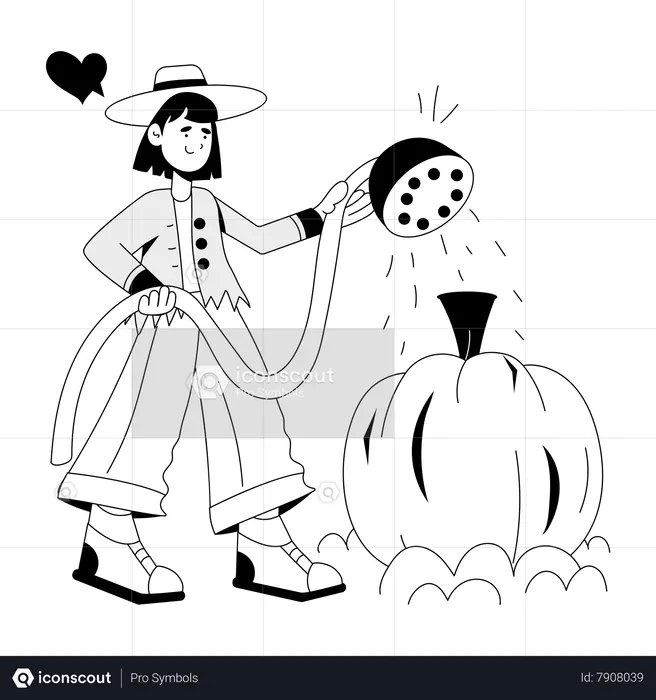 Woman Watering Pumpkin  Illustration