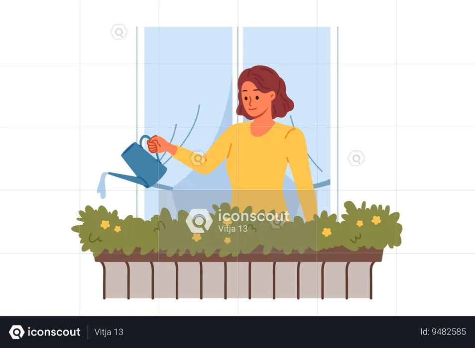 Woman waters flowers standing on balcony near window to decorate facade of building with greenery  Illustration
