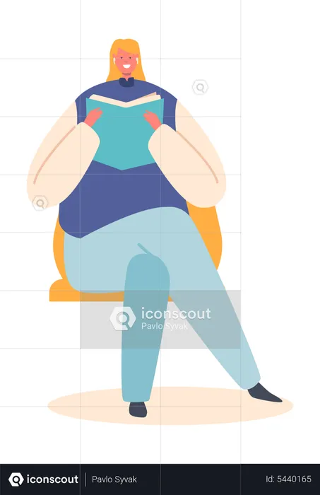 Woman Wear Earbuds Sitting on Chair Reading Book  Illustration