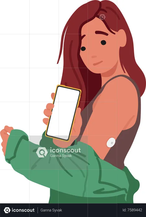 Woman Wearing A Glucose Sensor Conveniently Monitor Her Blood Sugar Levels Through A Smartphone App  Illustration