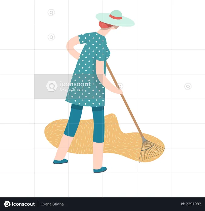 Woman wearing a straw hat raking hay into the stack  Illustration
