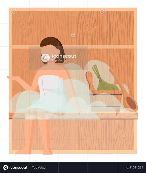 Woman wearing bath towel sit on wooden bench at hot steam sauna  Illustration