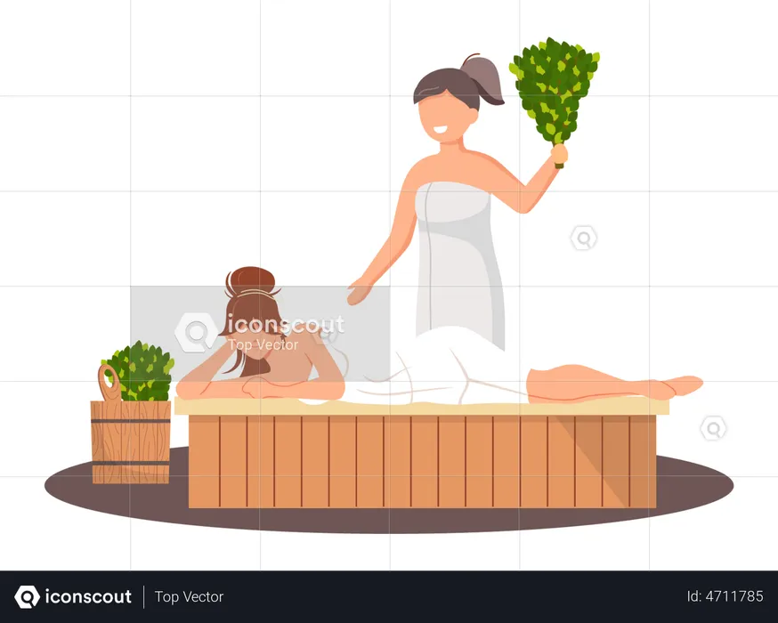 Woman wearing bath towel sit on wooden bench at hot steam sauna  Illustration
