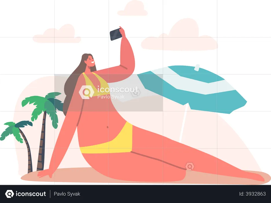 Woman wearing bikini clicking selfie at the beach  Illustration