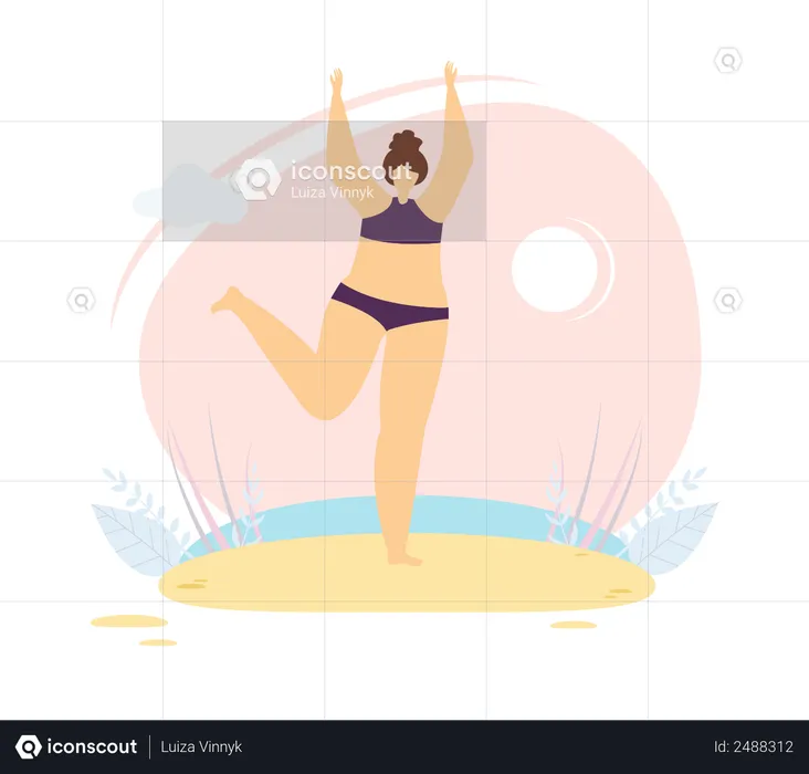 Woman wearing bikini standing on beach  Illustration