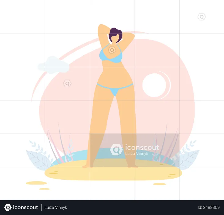 Woman wearing bikini standing on beach  Illustration