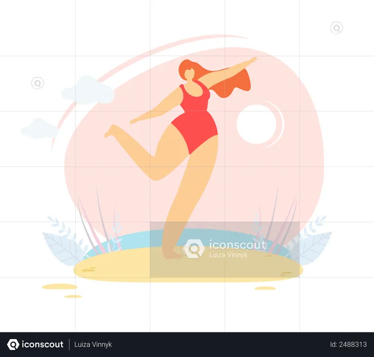 Woman wearing bikini standing on beach  Illustration