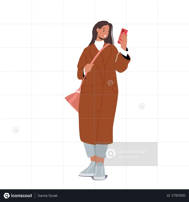 Woman Wearing Coat And Looking Into Phone  Illustration