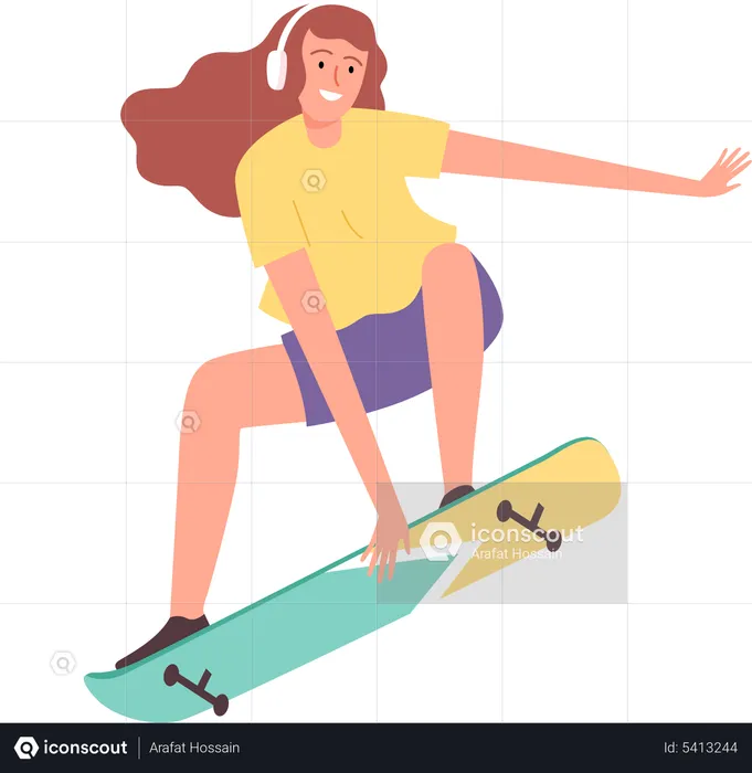 Woman wearing headphone and riding skateboard  Illustration