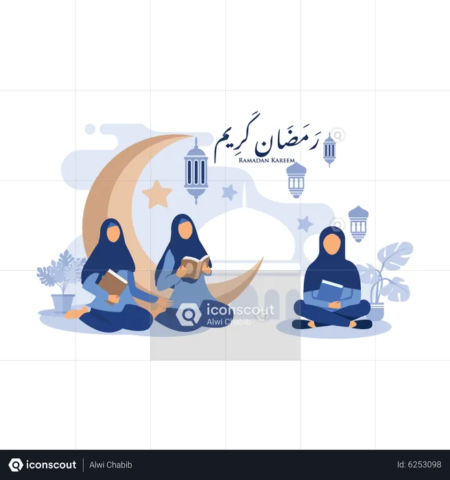 Woman wearing hijab reading quran  Illustration