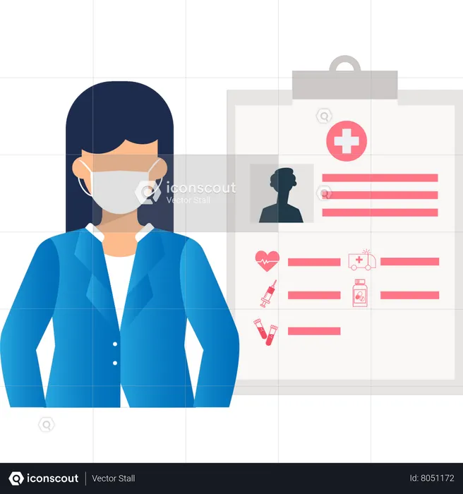 Woman wearing mask showing medical report  Illustration