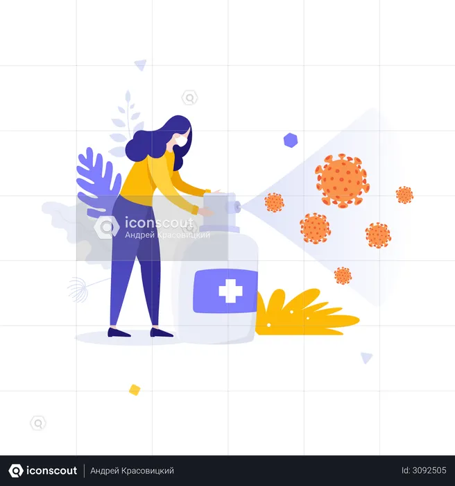 Woman wearing mask using disinfectant spray  Illustration
