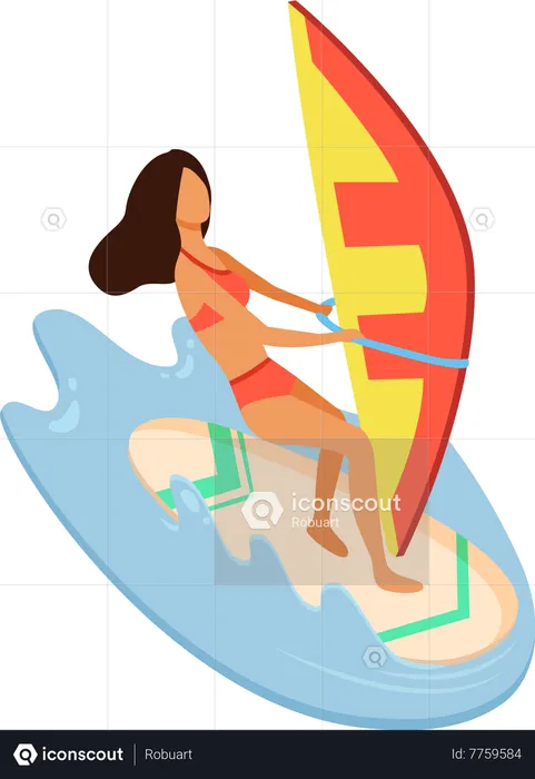 Woman Wearing Swimming Suit Windsurfing  Illustration
