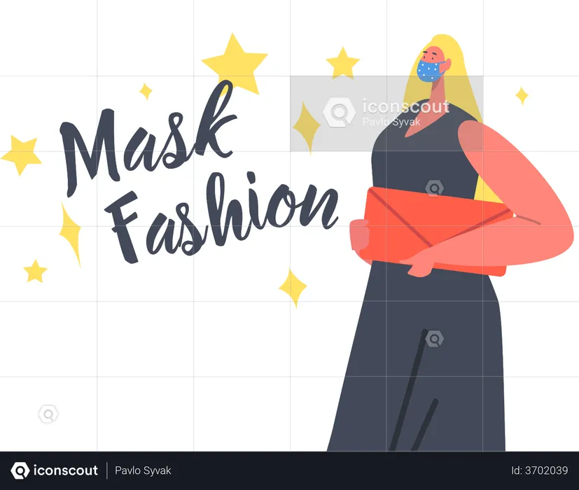 Woman Wearing Trendy Dress and Bag Presenting Mask Fashion During Corona virus  Illustration