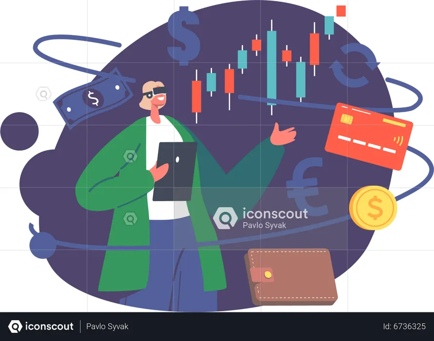 Woman wearing vr glasses in front of AR analytics dashboard  Illustration