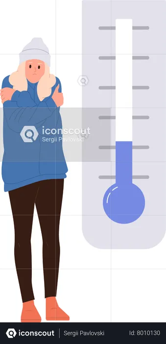 Young woman wearing warm clothing freezing feeling cold nearby thermometer  Illustration