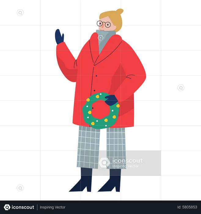 Woman wearing winter clothes holding wreath  Illustration