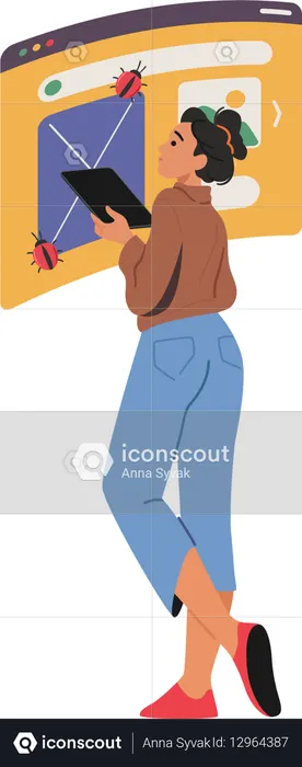 Woman web programmer fixing bugs using software testing and automated debugging process technology  Illustration