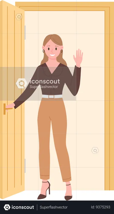 Woman Welcoming At Door  Illustration