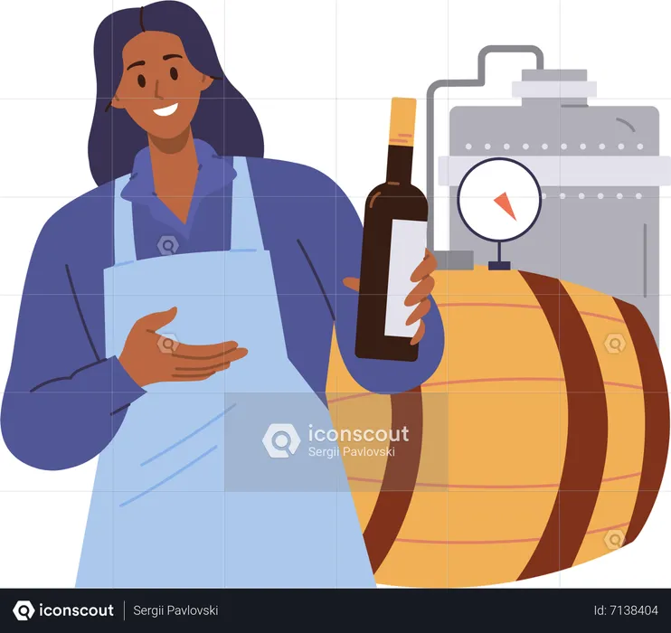 Woman wine maker presenting new wine bottle  Illustration