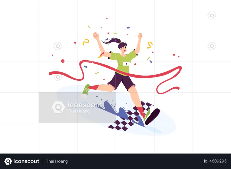 Woman winning and cross the finish line of a marathon  Illustration