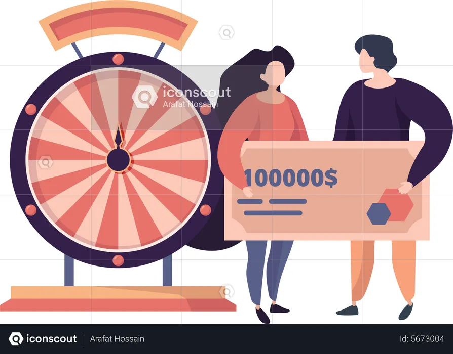 Woman winning in wheel of fortune  Illustration