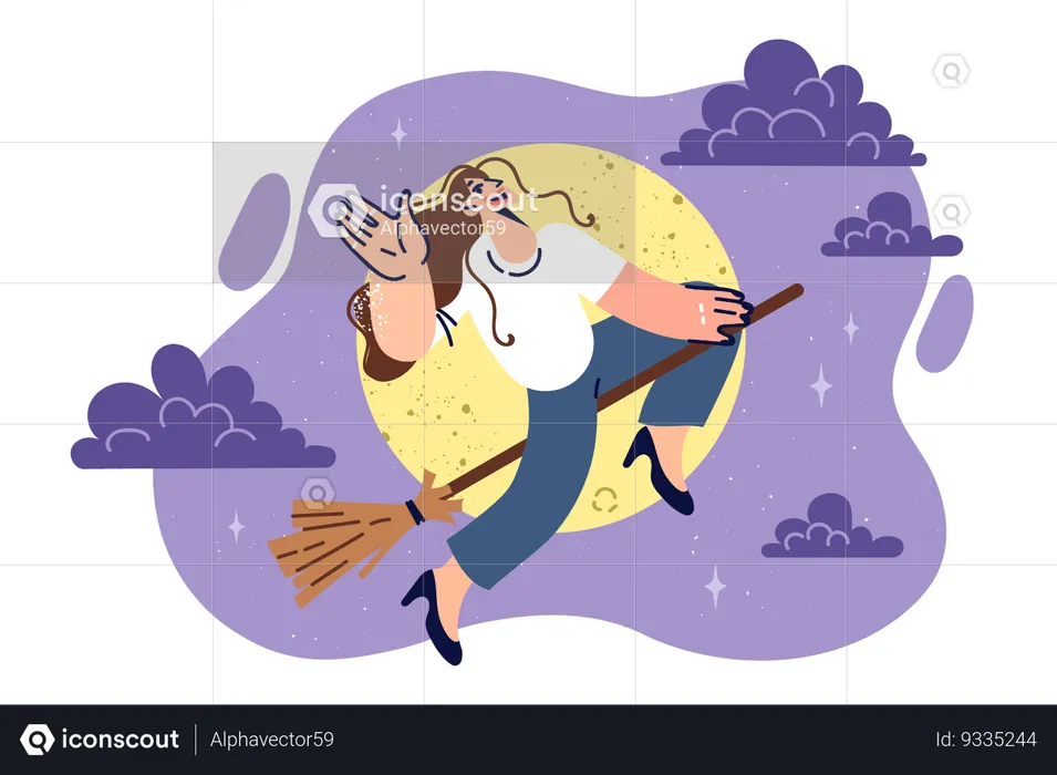 Woman witch flies on broomstick during full moon  Illustration