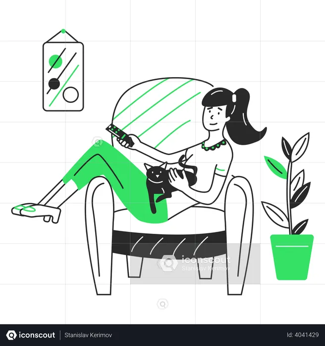 Woman with a cat watching TV  Illustration