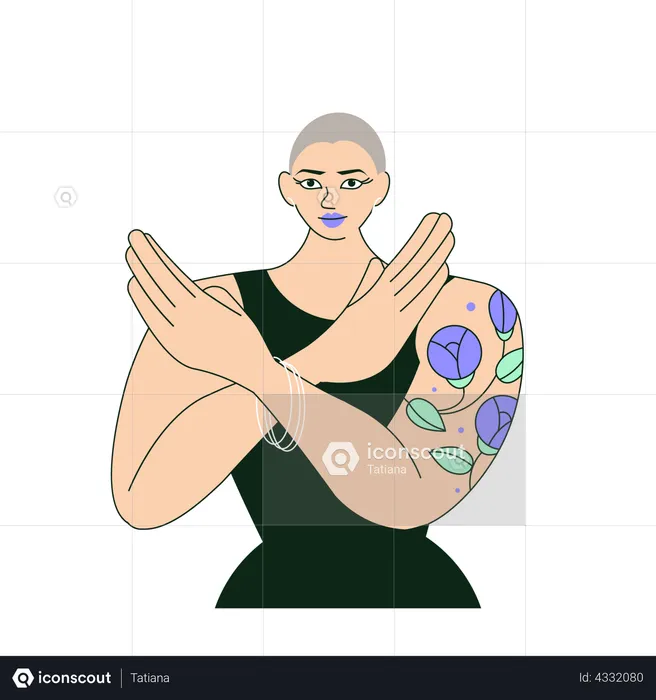 Woman with a shaved head and tattoo gesturing Break The Bias  Illustration