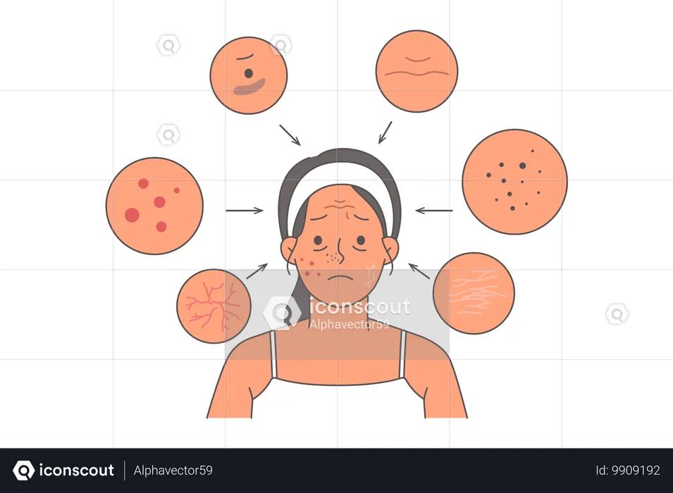 Woman with acne and wrinkles on face or cracks in dry skin needs help of cosmetologist  Illustration