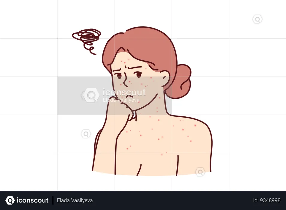 Woman with allergic rash on face and body looks sadly at screen needing help of dermatologist  Illustration